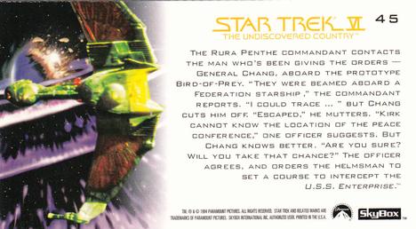 1994 SkyBox Star Trek VI The Undiscovered Country Cinema Collection #45 Predator Back