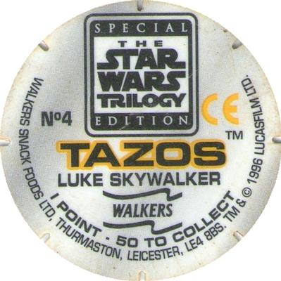 1996 Walkers Star Wars Trilogy Special Edition Tazo's #4 Luke Skywalker Back