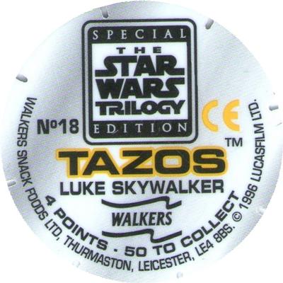 1996 Walkers Star Wars Trilogy Special Edition Tazo's #18 Luke Skywalker Back
