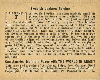 1939 Gum Inc. World In Arms (R173) #Airplanes 7 Swedish Junkers Bomber Back