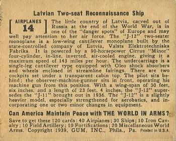 1939 Gum Inc. World In Arms (R173) #Airplanes 14 Latvian Two-seater Reconnaissance Ship Back