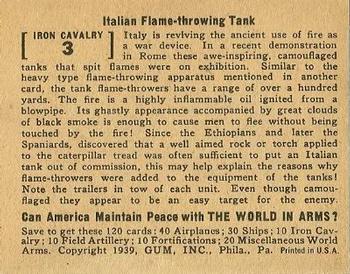 1939 Gum Inc. World In Arms (R173) #Iron Cavalry 3 Italian Flame-throwing Tank Back