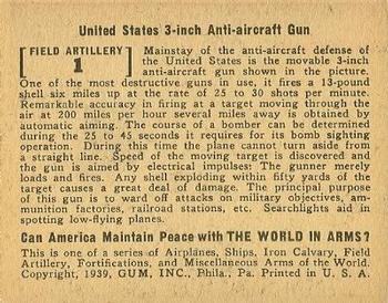 1939 Gum Inc. World In Arms (R173) #Field Artillery 1 United States 3-inch Anti-aircraft Gun Back