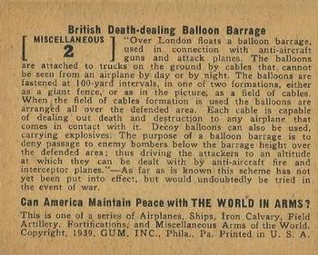 1939 Gum Inc. World In Arms (R173) #Miscellaneous 2 British Death-dealing Balloon Barrage Back