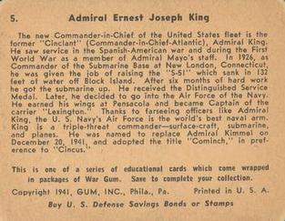 1942 War Gum (R164) #5 Admiral Ernest Joseph King Back