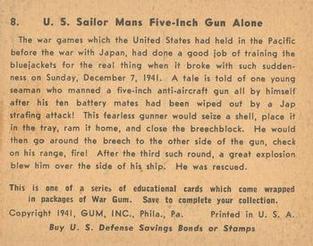 1942 War Gum (R164) #8 US Sailor mans Five-Inch Gun alone Back