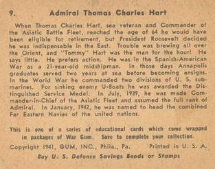1942 War Gum (R164) #9 Admiral Thomas Charles Hart Back