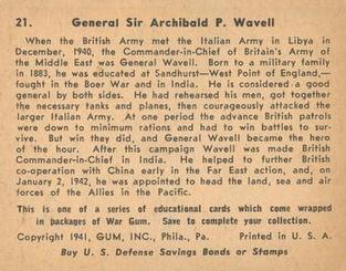 1942 War Gum (R164) #21 General Sir Archibald P. Wavell Back