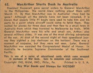 1942 War Gum (R164) #62 MacArthur starts Dash to Australia Back
