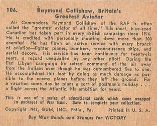 1942 War Gum (R164) #106 Raymond Collishaw, Britian's Greatest Aviator Back