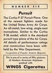 1940 Wings Modern American Airplanes No Letter Series (T87) #6 U.S. Army Pursuit Back