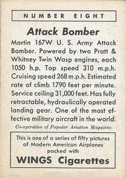 1940 Wings Modern American Airplanes No Letter Series (T87) #8 U.S. Army Attack Bomber Back