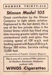 1940 Wings Modern American Airplanes No Letter Series (T87) #36 Stinson Model 105 Back