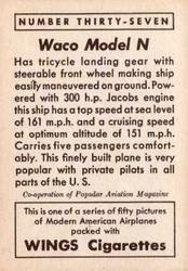 1940 Wings Modern American Airplanes No Letter Series (T87) #37 Waco Model N Back
