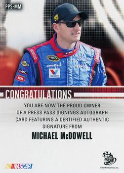 2015 Press Pass Cup Chase - Press Pass Signings #PPS-MM Michael McDowell Back