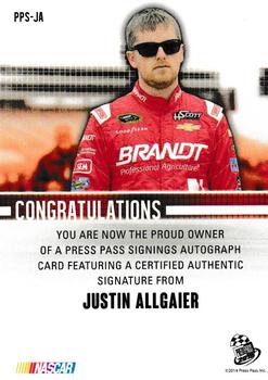 2015 Press Pass Cup Chase - Press Pass Signings Green #PPS-JA Justin Allgaier Back