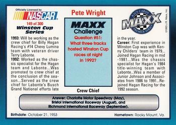 1993 Maxx Premier Series #149 Pete Wright Back