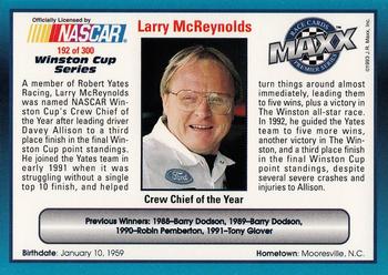 1993 Maxx Premier Series #192 Larry McReynolds Back