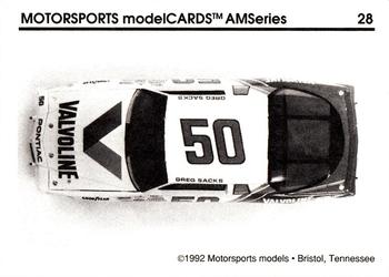 1992 Motorsports Modelcards AM Series #28 Greg Sacks' Car Back