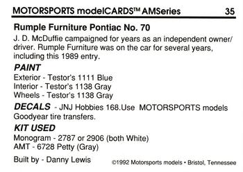 1992 Motorsports Modelcards AM Series #35 J.D. McDuffie's Car Back