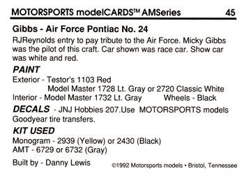1992 Motorsports Modelcards AM Series #45 Mickey Gibbs' Car Back