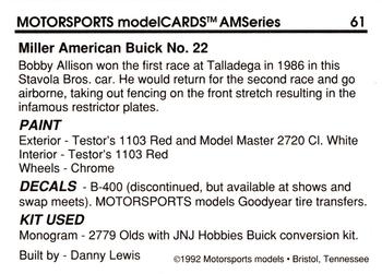 1992 Motorsports Modelcards AM Series #61 Bobby Allison's Car Back