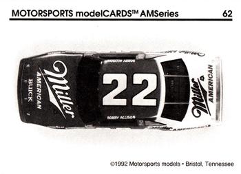 1992 Motorsports Modelcards AM Series #62 Bobby Allison's Car Back