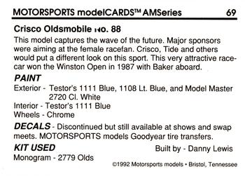 1992 Motorsports Modelcards AM Series #69 Buddy Baker's Car Back