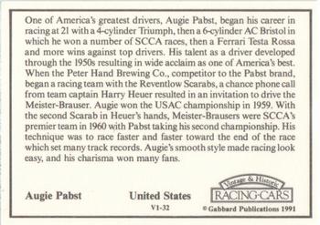 1991 Gabbard Vintage & Historic Racing Cars V-1 Series #V1-32 Augie Pabst Back