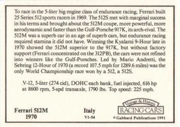 1991 Gabbard Vintage & Historic Racing Cars V-1 Series #V1-54 Ferrari 512M 1970 Back