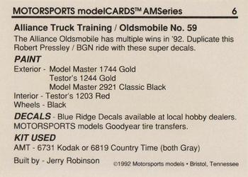 1992 Motorsports Modelcards AM Series - Premiere #6 Robert Pressley's Car Back