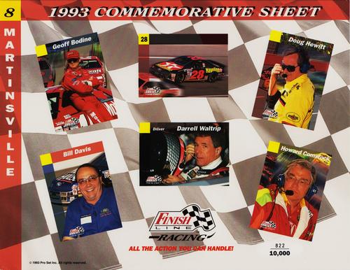 1993 Finish Line - Commemorative Sheets #8 Geoff Bodine / Davey Allison's Car / Doug Hewitt / Bill Davis / Darrell Waltrip / Howard Comstock Front