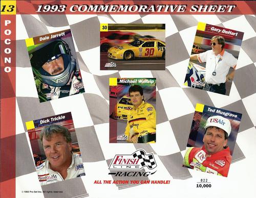1993 Finish Line - Commemorative Sheets #13 Dale Jarrett / Michael Waltrip's Car / Gary Dehart / Dick Trickle / Michael Waltrip / Ted Musgrave Front