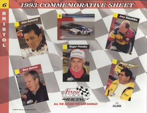 1993 Finish Line - Commemorative Sheets #6 Alan Kulwicki / Sterling Marlin's Car / Joey Knuckles / Gary Nelson / Roger Penske / Chuck Rider Front
