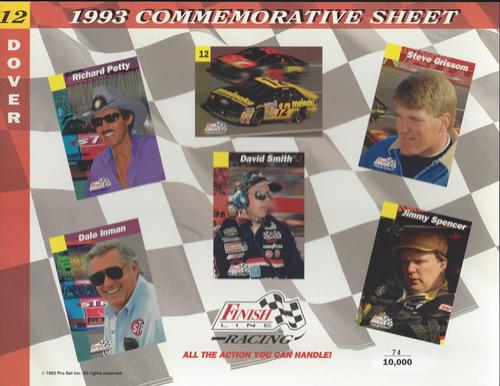 1993 Finish Line - Commemorative Sheets #12 Richard Petty / Jimmy Spencer's Car / Steve Grissom / Dale Inman / David Smith / Jimmy Spencer Front