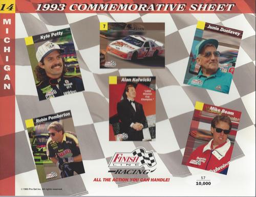 1993 Finish Line - Commemorative Sheets #14 Kyle Petty / Alan Kulwicki's Car / Junie Donlavey / Robin Pemberton / Alan Kulwicki / Mike Beam Front