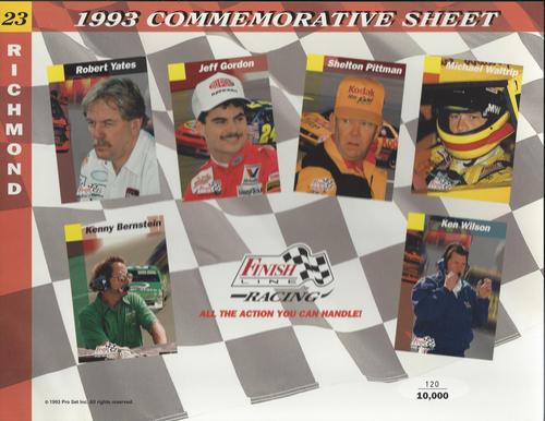 1993 Finish Line - Commemorative Sheets #23 Robert Yates / Jeff Gordon / Shelton Pittman / Michael Waltrip / Kenny Bernstein / Ken Wilson Front