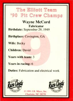 1991 Maxx The Bill Elliott Team #NNO Wayne McCord Back