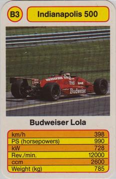 1987 Ace Trump Game Indianapolis 500 #B3 Budweiser Lola Front