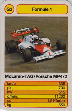 1986 Ace Trump Game Formula 1 - Formule 1 (German) #G2 McLaren-TAG/Porsche MP4/2 Front