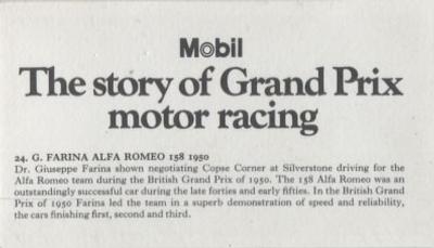 1971 Mobil The Story of Grand Prix Motor Racing #24 G. Farina Alfa Romeo 158 1950 Back