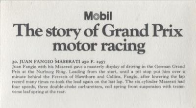 1971 Mobil The Story of Grand Prix Motor Racing #30 Juan Fangio Maserati 250 F. 1957 Back
