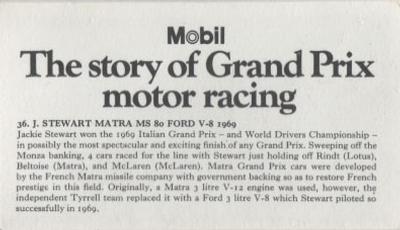 1971 Mobil The Story of Grand Prix Motor Racing #36 J. Stewart Matra MS 80 Ford V-8 1969 Back