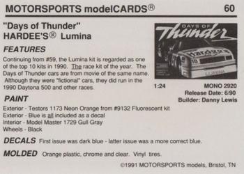 1991 Motorsports Modelcards #60 Days of Thunder Hardee's Lumina Back