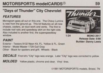 1991 Motorsports Modelcards - Premiere #59 Days of Thunder City Chevrolet Back