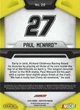 2016 Panini Certified #20 Paul Menard Back