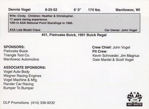 1991 Hot Shots - Oversized #1398 Dennis Vogel Back