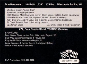 1992 Hot Shots #1554 Don Hanneman Back
