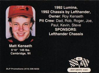 1992 Hot Shots ARTGO #1421 Matt Kenseth Back
