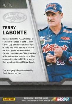 2016 Panini Certified - Certified Signatures Mirror Red #TL Terry Labonte Back